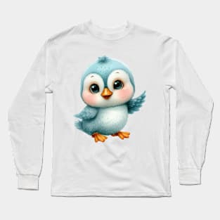 Funny blue bird in watercolor painting Long Sleeve T-Shirt